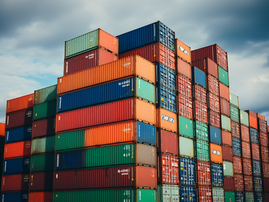 stack of shipping containers in green, orange, red, and blue
